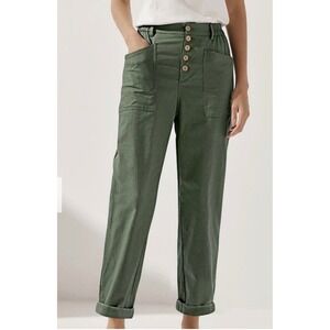 Lintico Linen Cotton Pants Women's XL Green Button Fly Elastic Waist Lagenlook